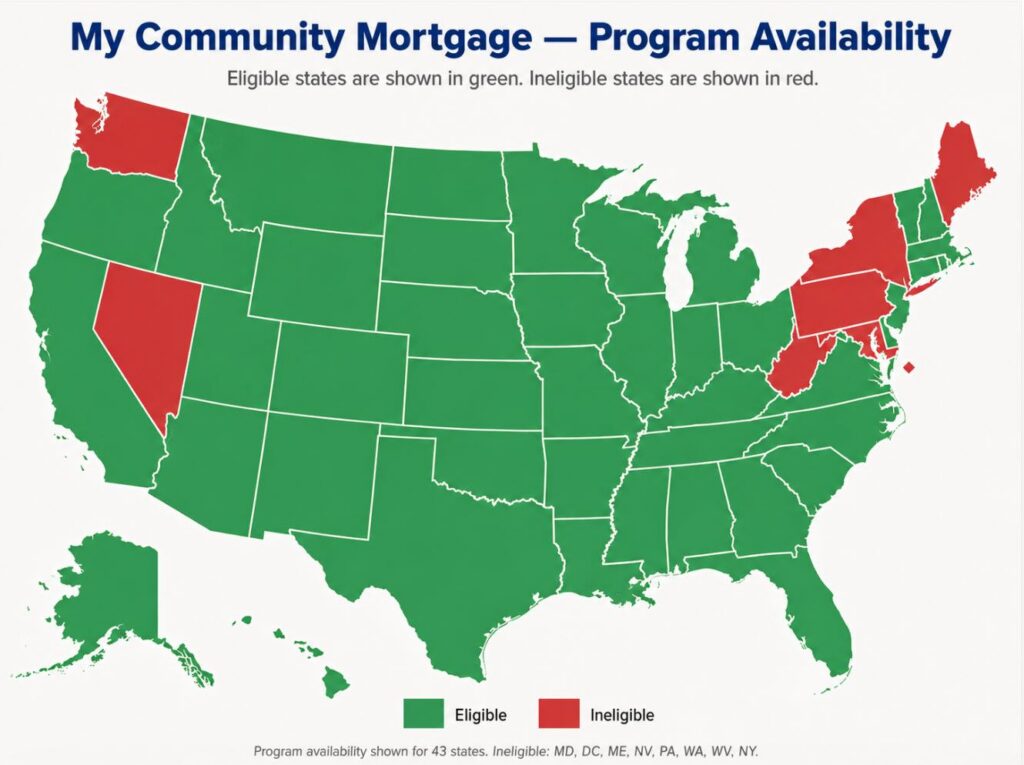 Tile-style U.S. map showing My Community Mortgage program availability, with eligible states in green, unavailable states in gray, and licensed origination states outlined in gold.