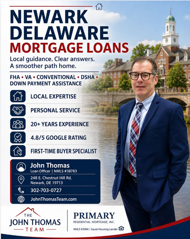 Newark DE Mortgage Loans - John Thomas NMLS #38783, your local Newark Delaware mortgage lender at Primary Residential Mortgage, 248 E Chestnut Hill Rd Newark DE 19713