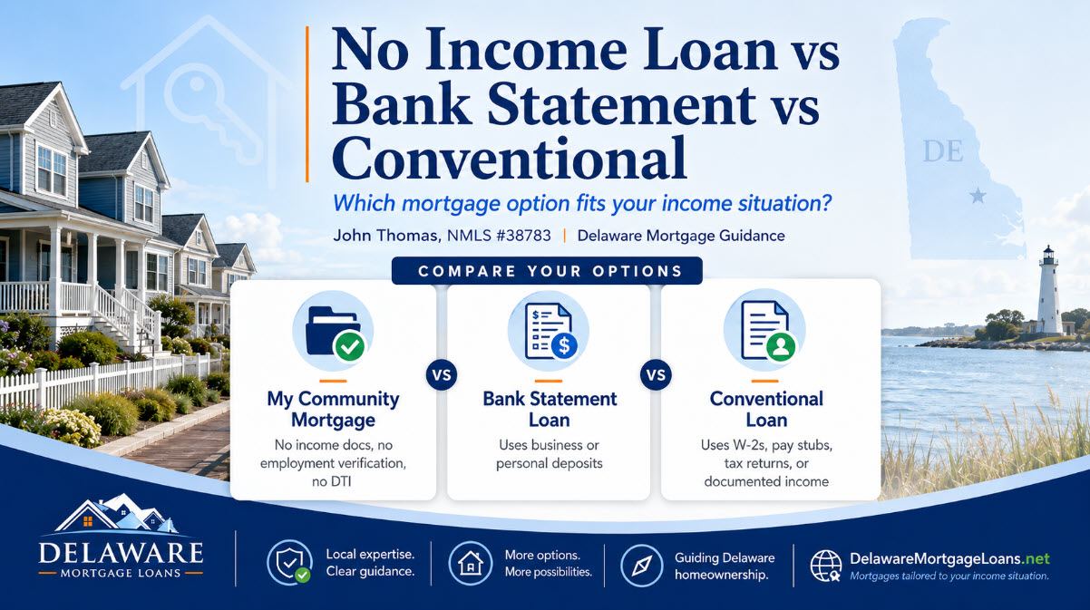 John Thomas, mortgage loan officer, reviewing a No Income Loan vs Bank Statement vs Conventional Delaware Mortgage - NMLS #38783