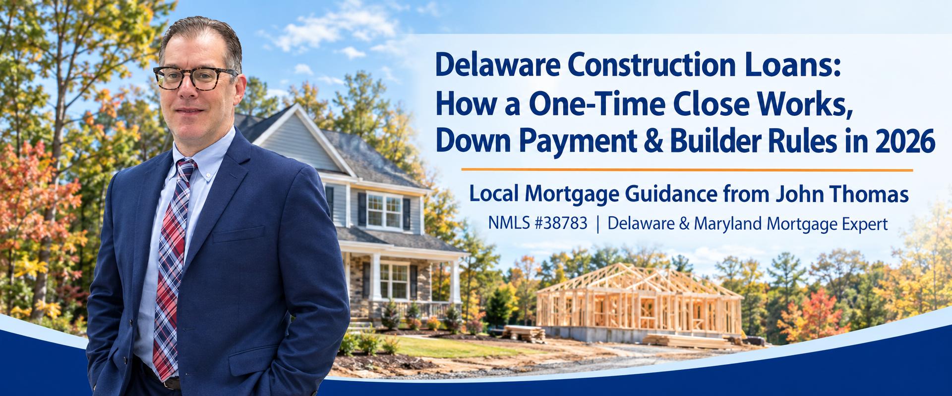 Delaware Construction Loans: How a One-Time Close Works, Down Payment and Builder Rules in 2026, with John Thomas in a navy suit in front of a newly built home and a house being framed in autumn - NMLS #38783