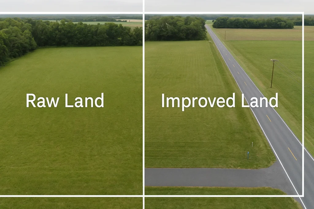 Side-by-side comparison of raw and improved land in Delaware, illustrating types of property eligible for lot loan financing with PRMI and John Thomas.