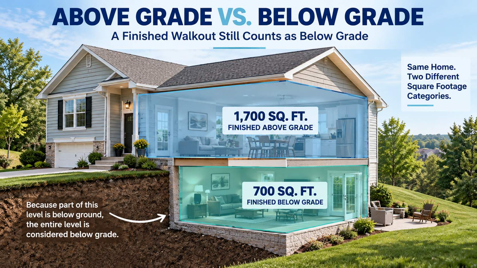 Graphic of UAD 3.6 square footage categories, finished and unfinished area above and below grade, with a Delaware split-level example