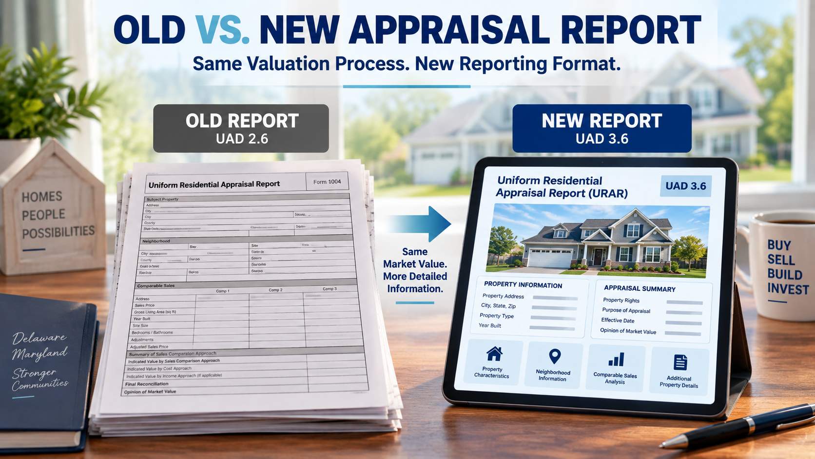 Comparison graphic of the old UAD 2.6 appraisal forms and the new UAD 3.6 appraisal report, showing what moved and what was added