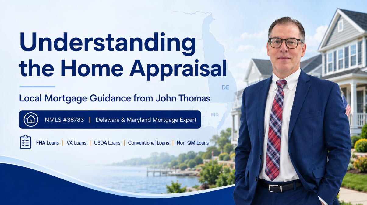 John Thomas, mortgage loan officer, reviewing a Delaware home appraisal report at his Newark office desk -- NMLS #38783