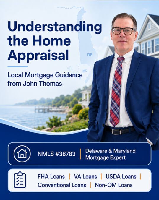 Mobile view of John Thomas, Delaware mortgage loan officer, with a home appraisal report -- NMLS #38783