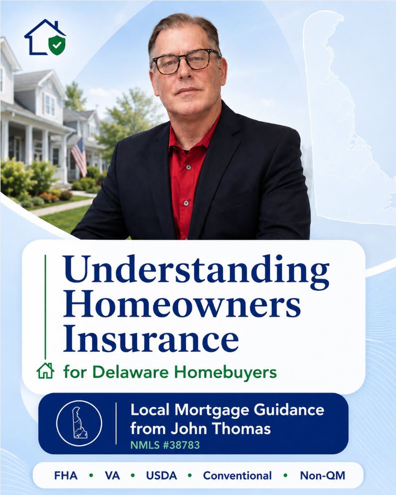 Mobile view of John Thomas explaining homeowners insurance for a Delaware home purchase - NMLS #38783