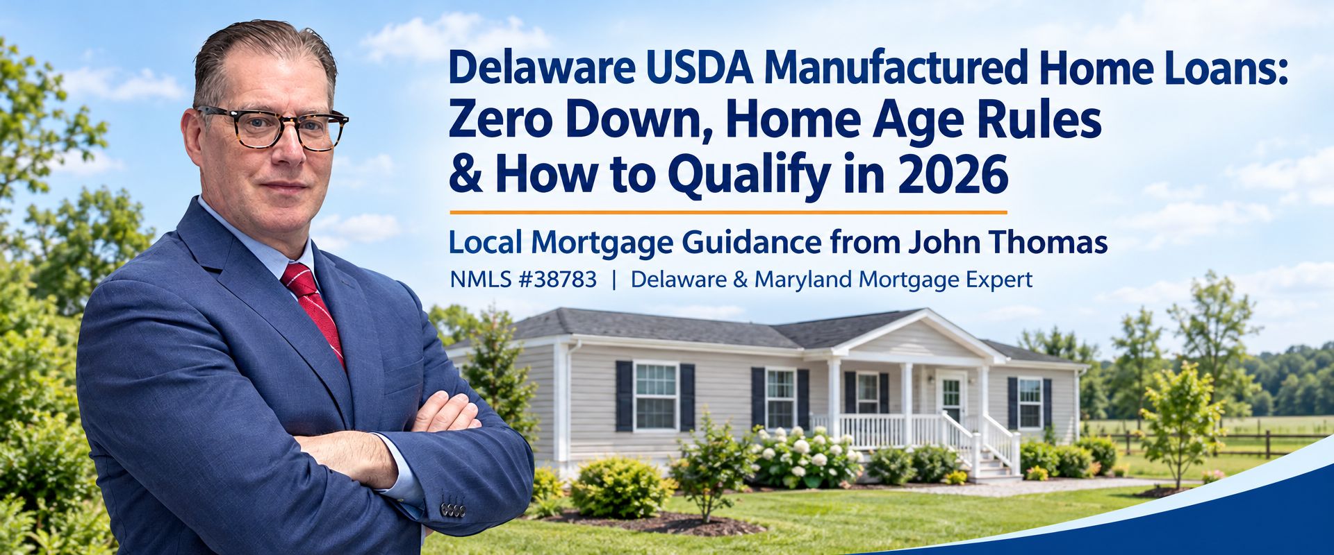 Delaware USDA Manufactured Home Loans: Zero Down, Home Age Rules and How to Qualify in 2026, with John Thomas standing arms crossed in a blue suit near a manufactured home lot - NMLS #38783