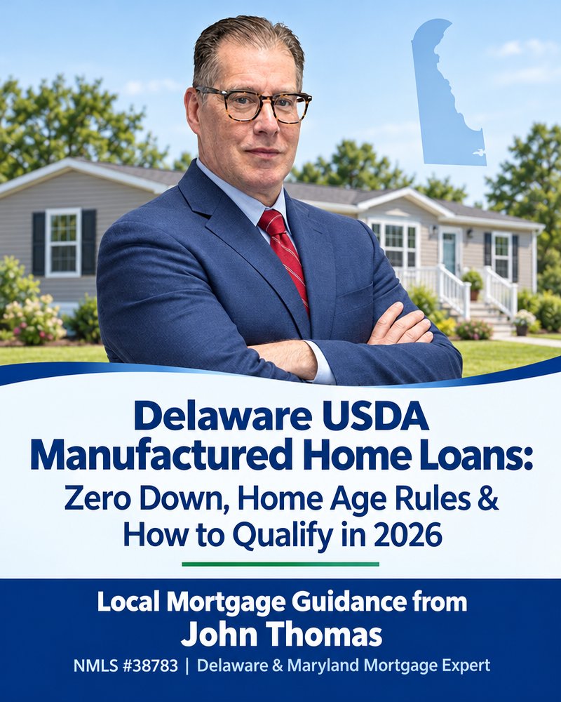 Delaware USDA Manufactured Home Loans: Zero Down, Home Age Rules and How to Qualify in 2026, below John Thomas standing arms crossed in a blue suit - NMLS #38783