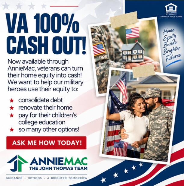 Military family, American flags and a model home illustrating VA 100% cash-out refinance options for Delaware veterans.