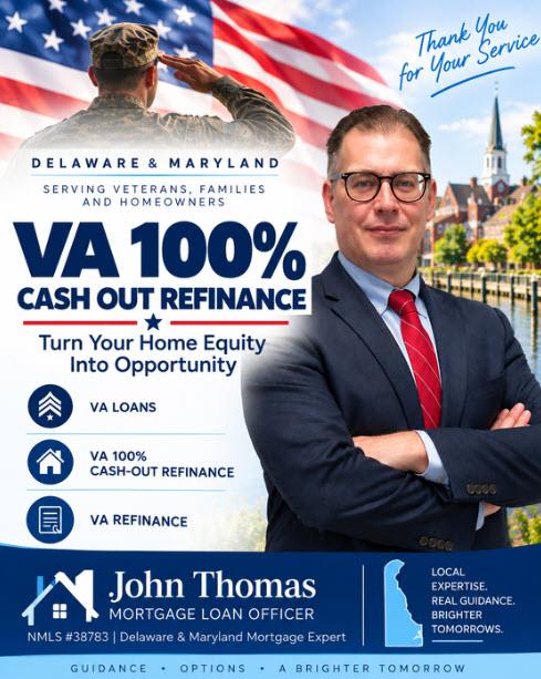 Mobile view of John Thomas explaining the VA cash-out refinance for Delaware veterans - NMLS #38783
