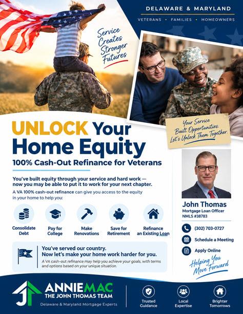 Veteran families with American flag imagery and John Thomas illustrating VA cash-out refinance home equity options for Delaware veterans.