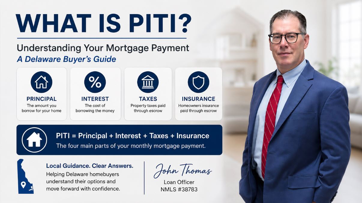 John Thomas, mortgage loan officer at Primary Residential Mortgage in Newark Delaware, explaining the four parts of a PITI mortgage payment — principal, interest, taxes, and insurance — NMLS #38783