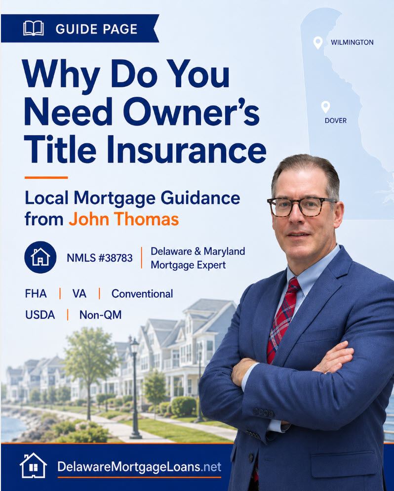 John Thomas beside a Delaware map and waterfront neighborhood for a guide to owner's title insurance in Delaware